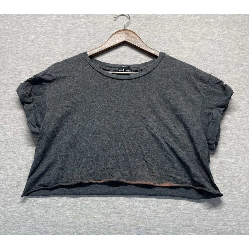 Wet Seal Cropped T Shirt Womens XL Charcoal Gray Cotton Cuffed Sleeves Raw Hem